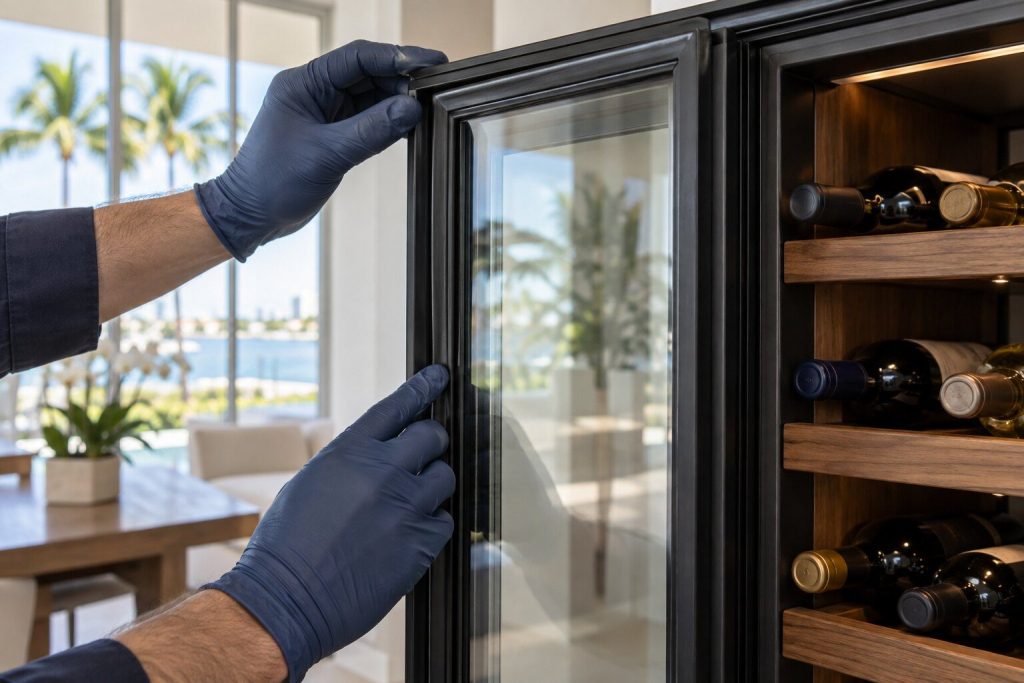 Gloved fingers running along the black perimeter gasket of an open glass wine-cabinet door, bottles on walnut shelves behind.