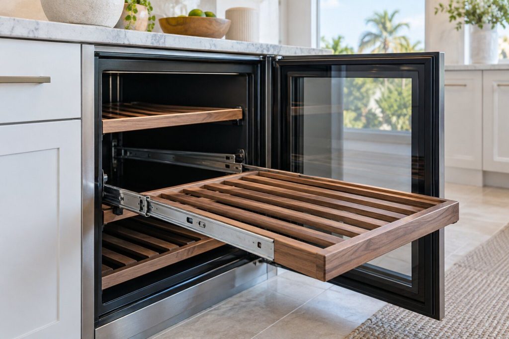 A wide walnut-slat shelf drawn fully out of an under-counter wine cabinet and the empty metal runners behind it.