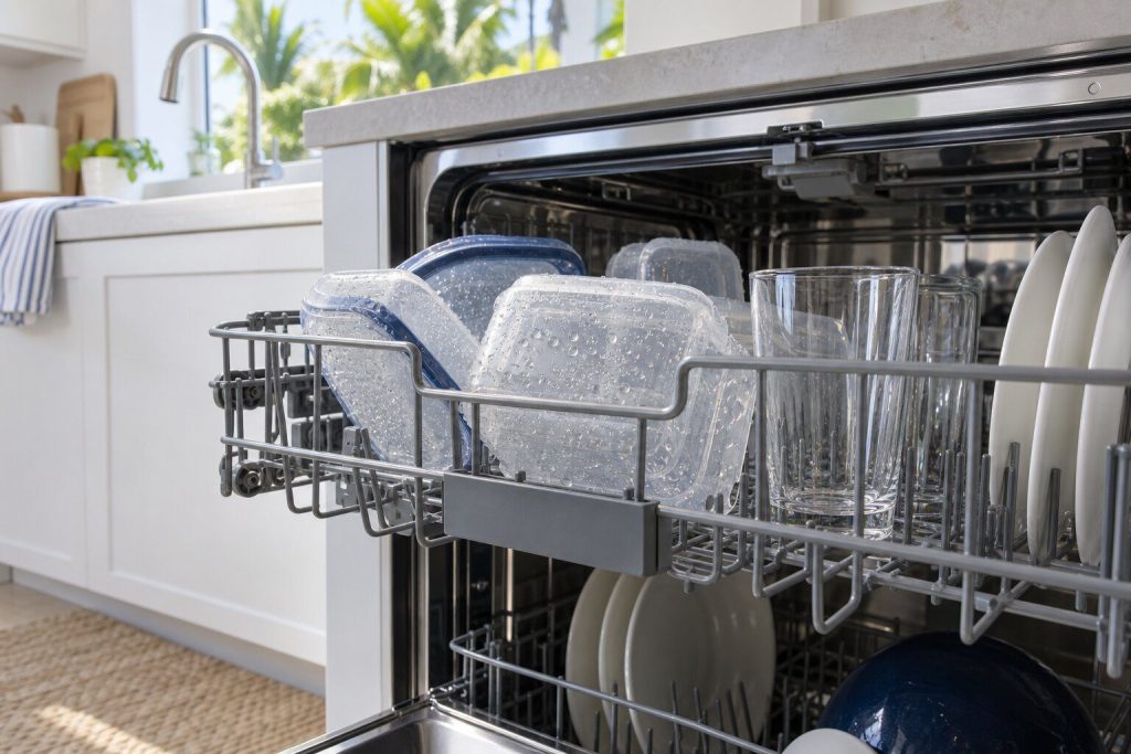 An open dishwasher at the end of a cycle with plastic containers on the upper rack still beaded with water while the glass beside them is dry.