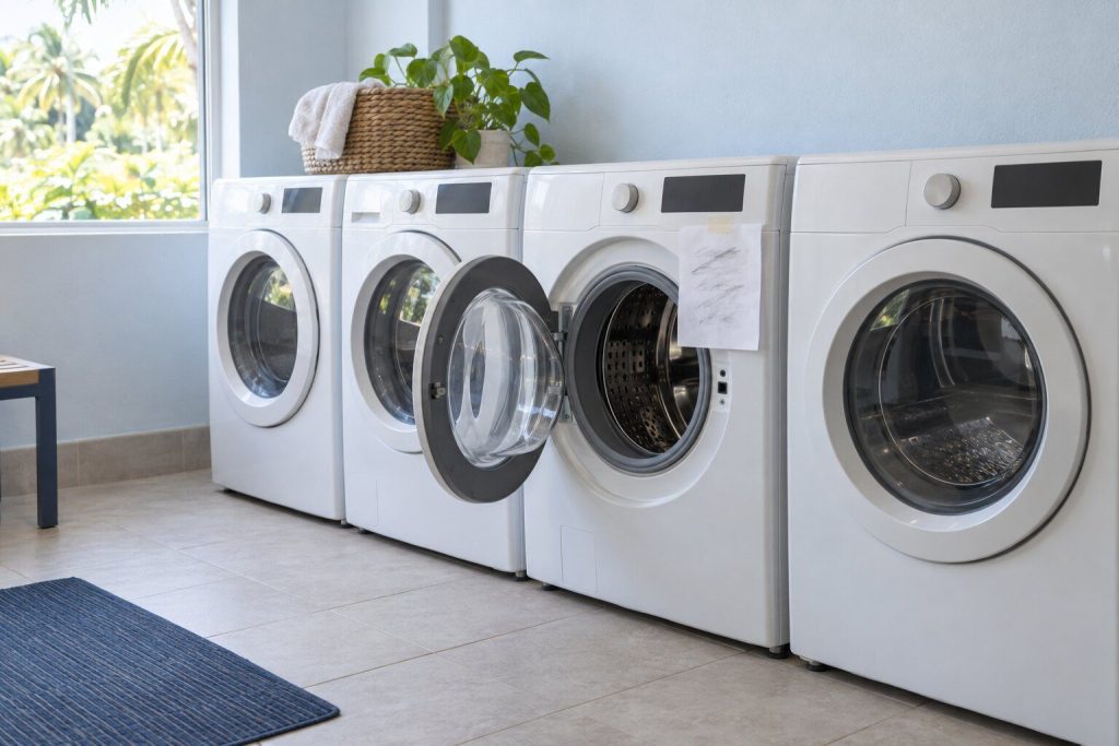 One front-load machine in a row of four in a shared laundry room with its door open and a handwritten paper notice taped to it, the notice not readable.
