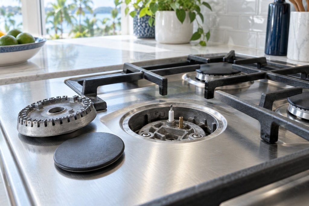 A gas burner head and its cap lifted off and set on the cooktop beside the empty burner well, the igniter electrode visible in it.