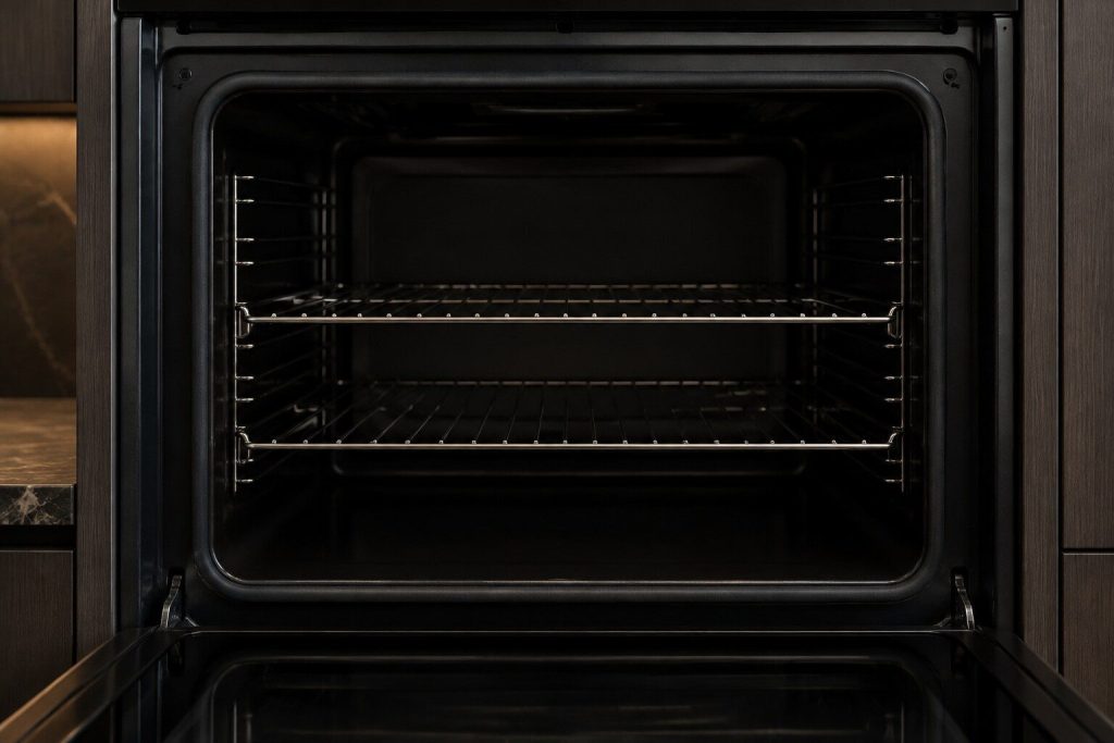 The open cavity of a built-in wall oven, empty, with two wire racks in place, seen straight on
