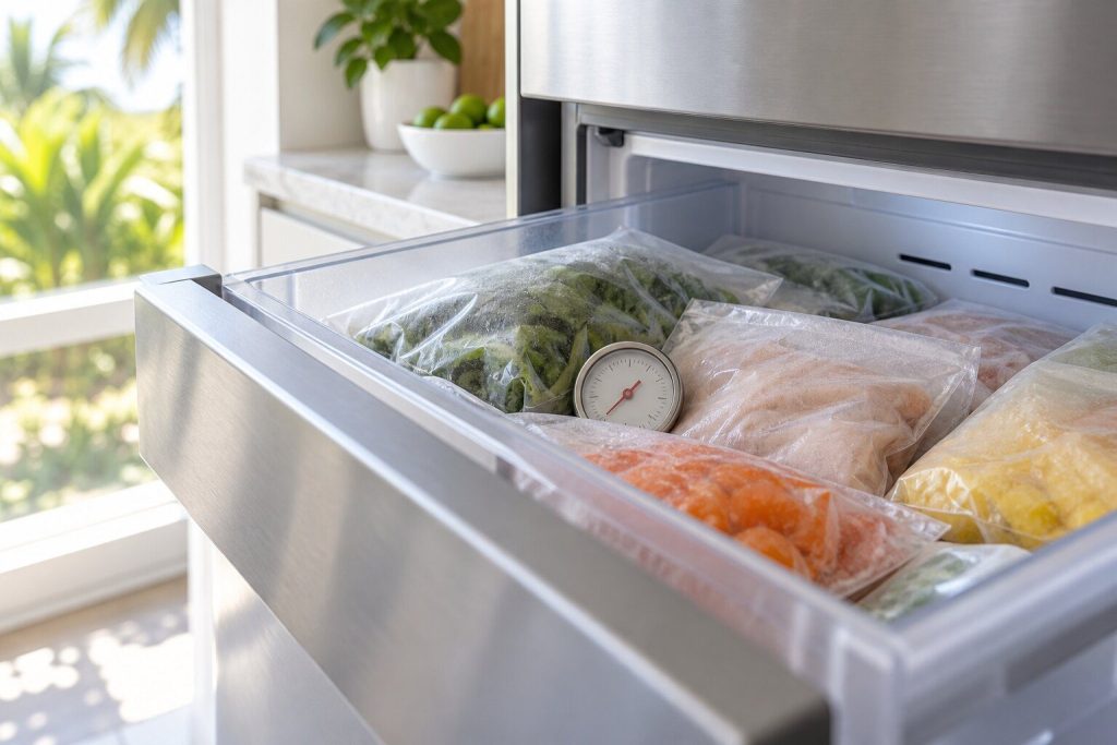 A small dial thermometer lying among packets inside a refrigerator drawer drawn half out.