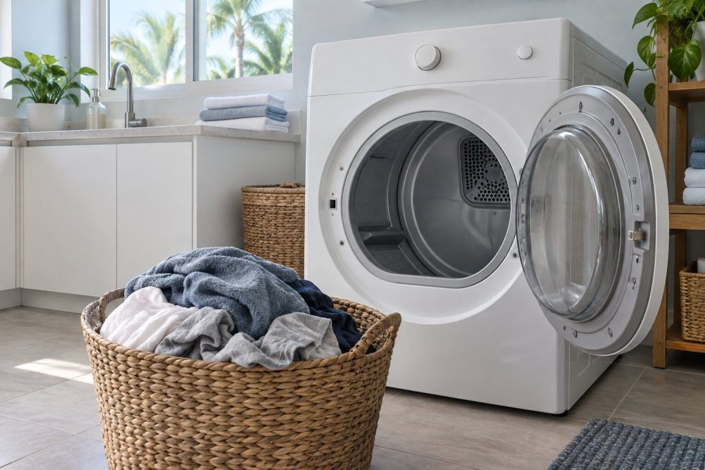 A basket of damp laundry on the floor in front of a dryer whose door stands open, the drum empty and the room in daylight.