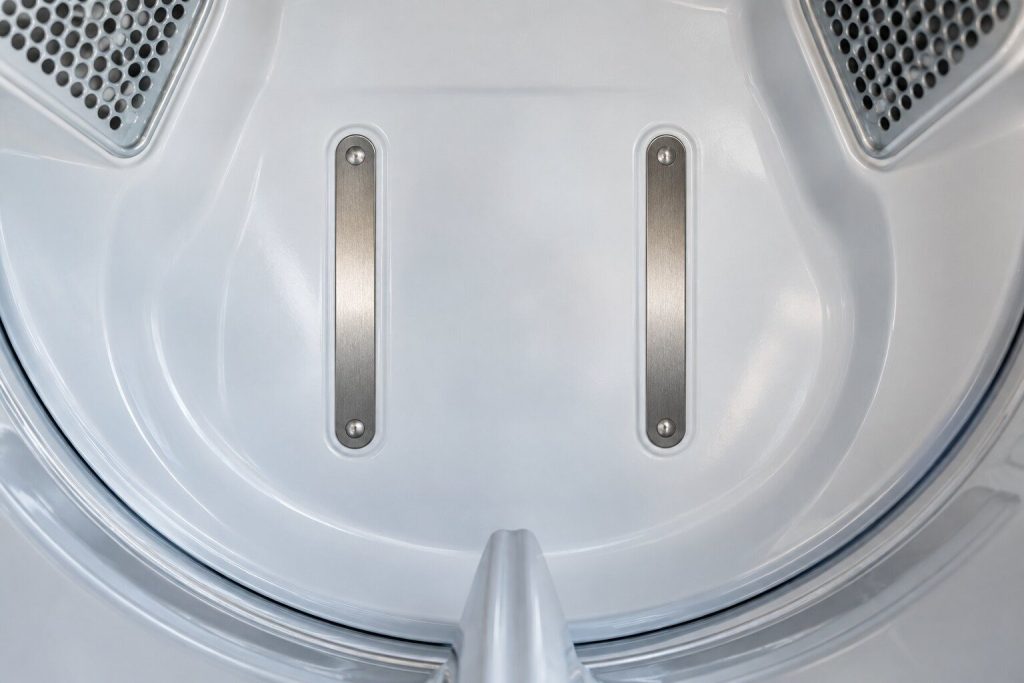 Two metal sensor strips set into the inside front of a dryer drum, seen close and square on, the drum otherwise empty.
