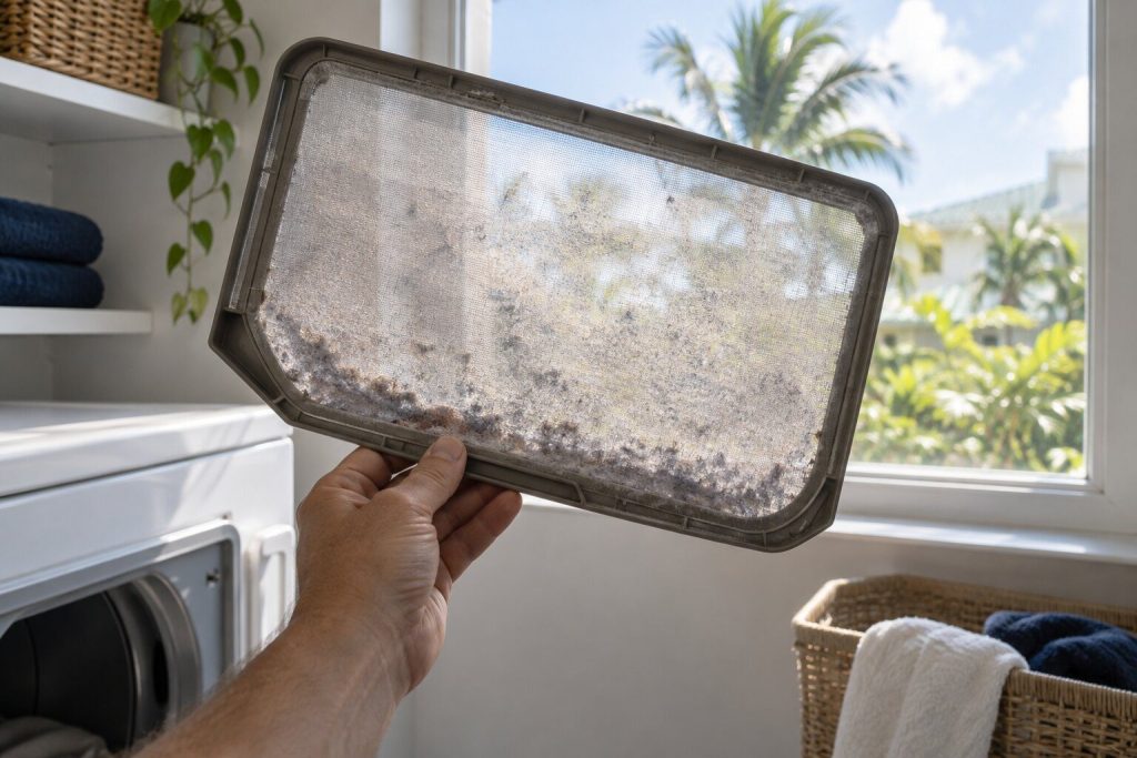 A lint screen drawn out of a dryer and held up against a window, a film across its mesh visible in the backlight.