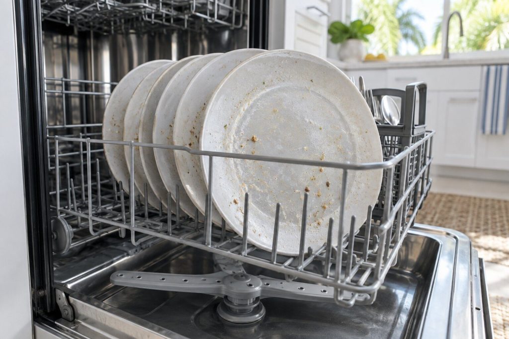 A stack of plates on an open dishwasher rack with visible grit and film on them, the spray arm below them in frame.