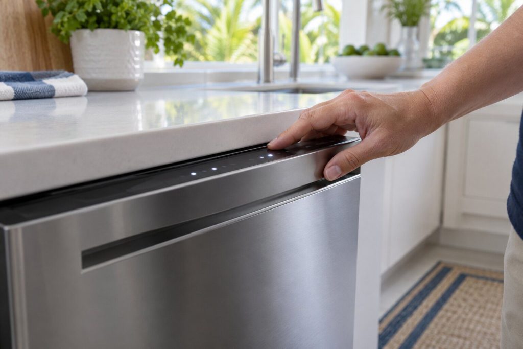 A finger resting on the control strip along the top edge of a closed dishwasher door, the panel lit but showing nothing readable.