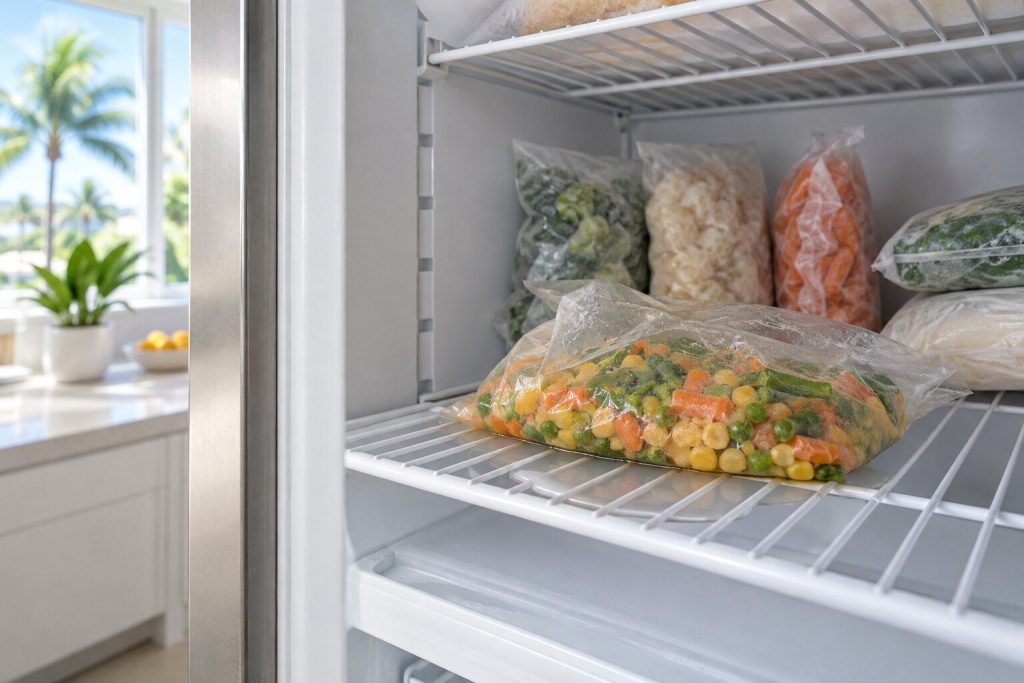 A clear bag of frozen vegetables gone soft and slumped flat on the wire shelf of a tall freezer column, a ring of meltwater on the shelf under it and the packets behind it still firm.