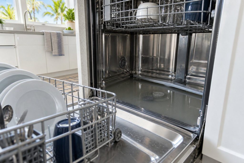 Two inches of gray water standing in the floor of a dishwasher tub with the round filter well submerged and the lower rack drawn out.