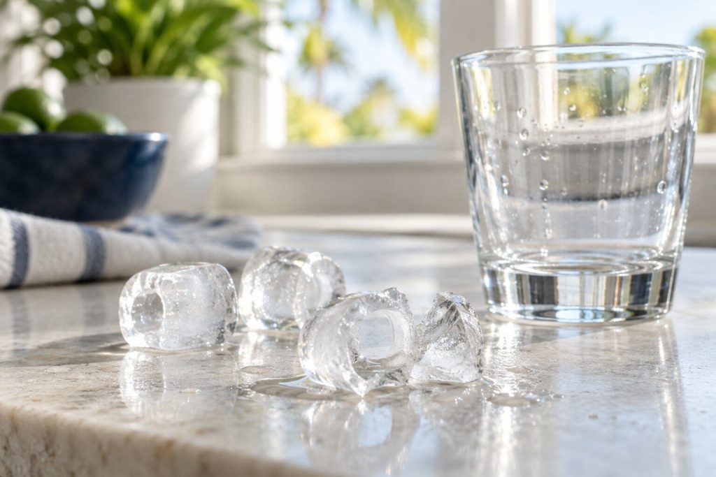 A handful of small hollow ice cubes on a pale stone counter beside a glass, one cube broken open to show the empty middle.