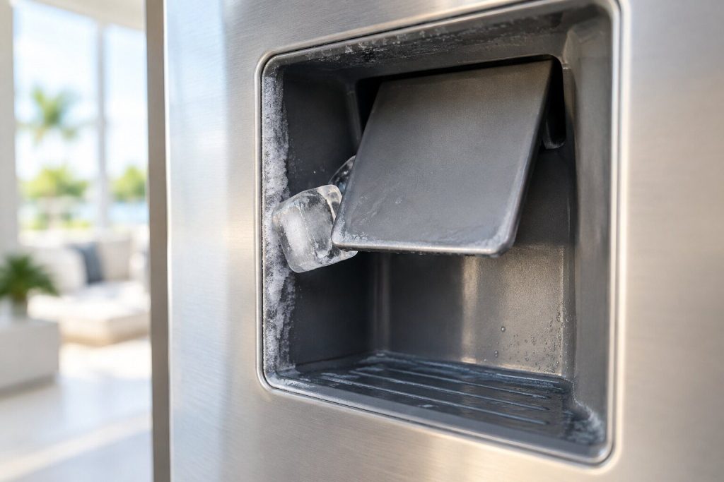 A single ice cube wedged in the chute of an in-door dispenser seen close up, the flap held partly open by it and frost around the opening.