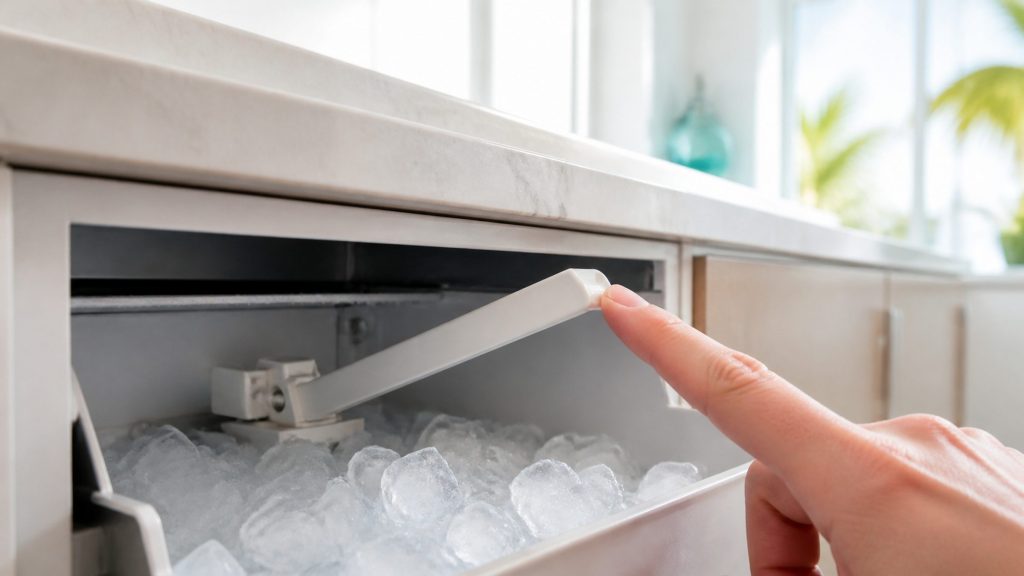 The white plastic bin-level sensor arm of an ice maker standing raised above a part-filled bin