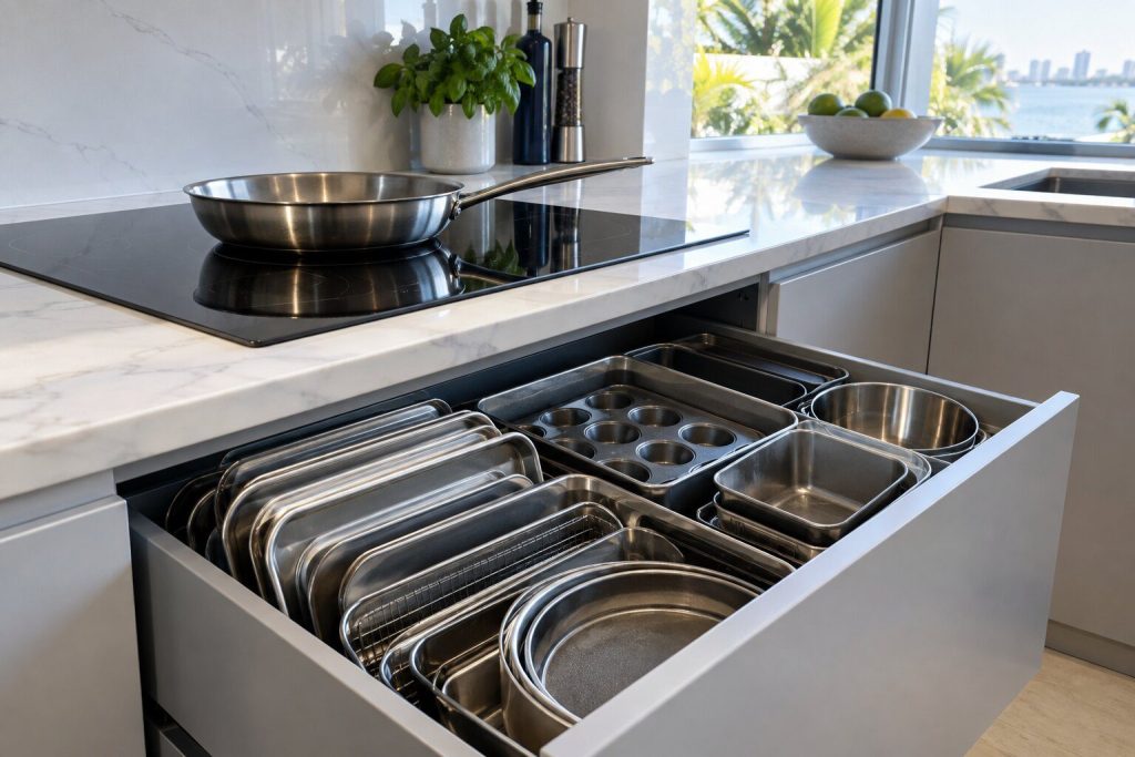 A pan standing on a black glass induction surface with the drawer below the cooktop pulled open and packed to the top with trays.
