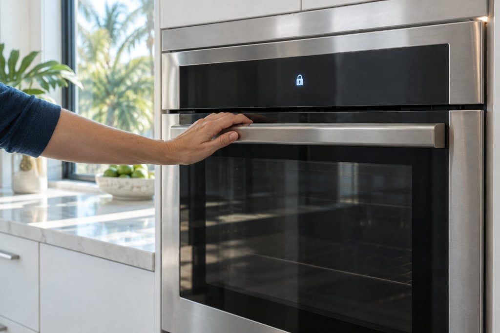 The closed door of a wall oven with a small lock indicator lit on the panel above it, a hand resting on the handle.