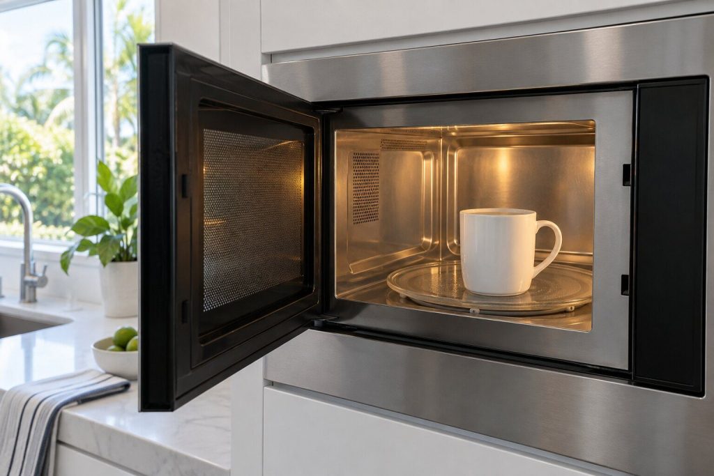 A mug of water standing on the turntable of an open built-in microwave, the cavity light on.