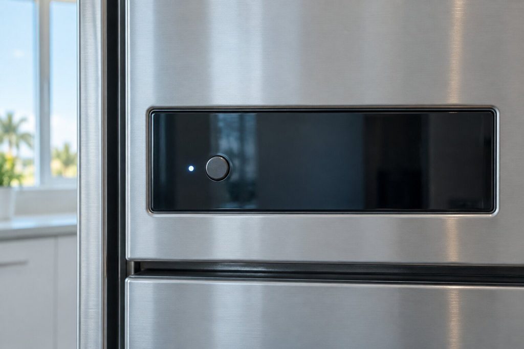 A refrigerator control panel photographed close and square on with one small indicator lit beside an unmarked button, the rest of the panel dark.