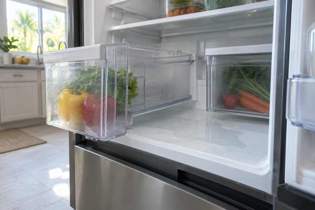 Water standing under the crisper drawers of an open refrigerator, one drawer drawn out to show the wet floor of the compartment.
