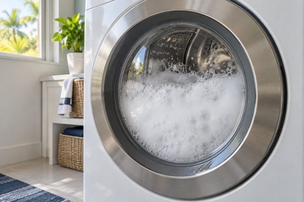 Thick white foam filling the lower half of a front-load washer drum seen through the closed glass door.