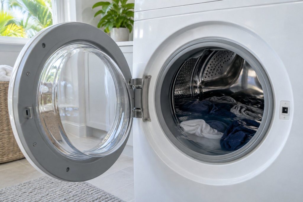 Water standing in the drum of a front-load washer seen through its open door, laundry sitting in it.