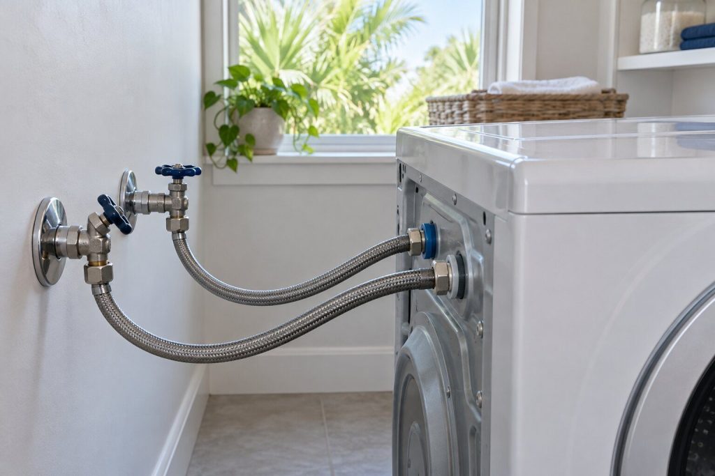 Two braided supply hoses and their taps at the wall behind a front-load washing machine pulled forward, one tap only part open.
