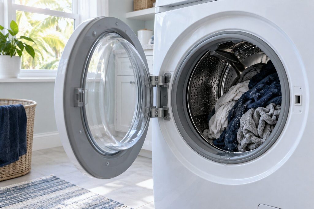 A drum of wet laundry pushed to one side inside an open front-load washer, the machine standing still.