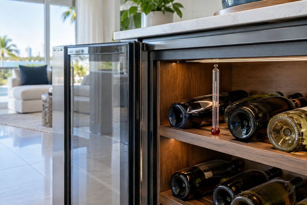 A thermometer standing among bottles on the walnut shelf of an under-counter wine cabinet with its glass door open, afternoon light in the room.