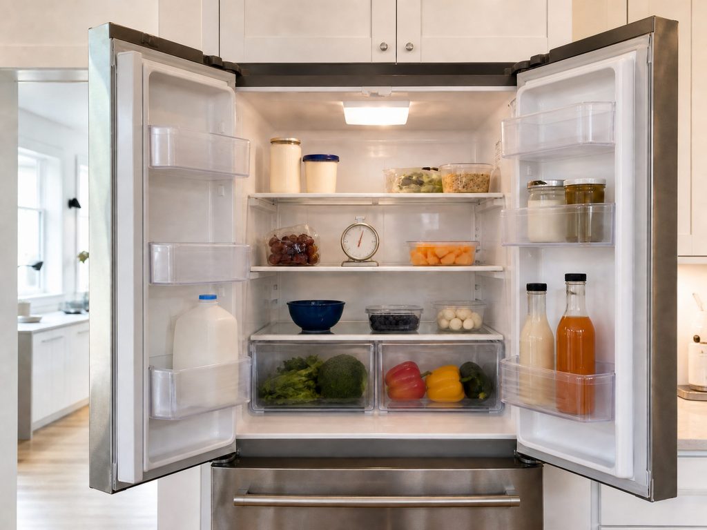 The inside of a French-door refrigerator with the door open and the interior light on
