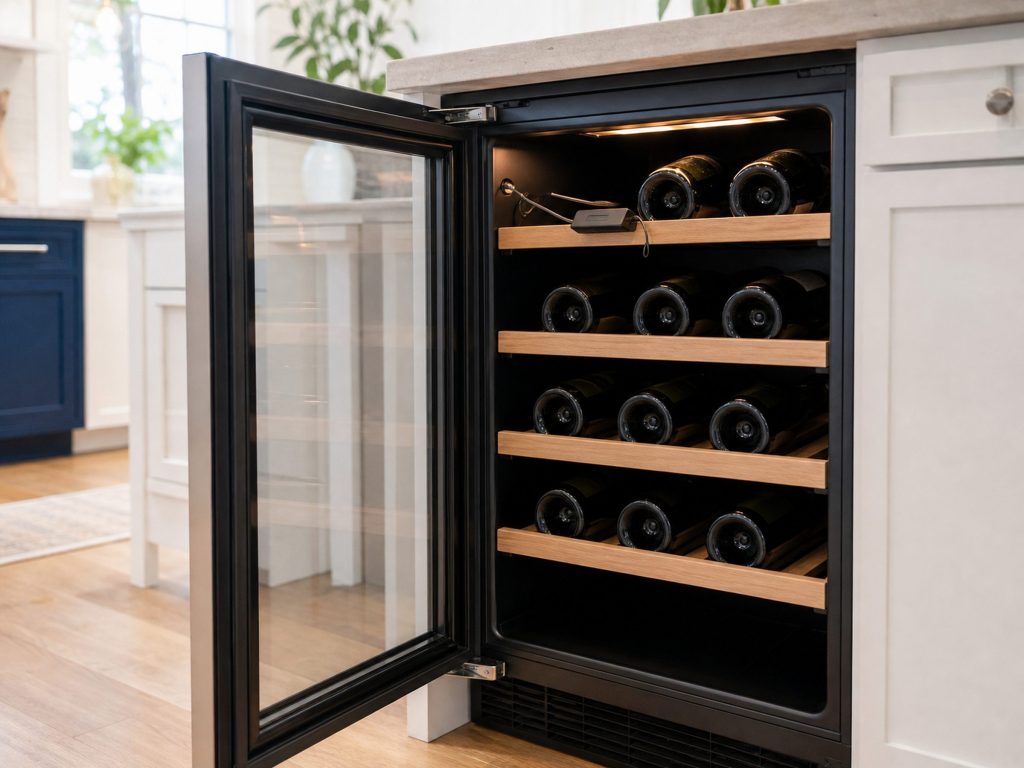 A glass-fronted under-counter wine cabinet with the door open and a thermometer among the bottles